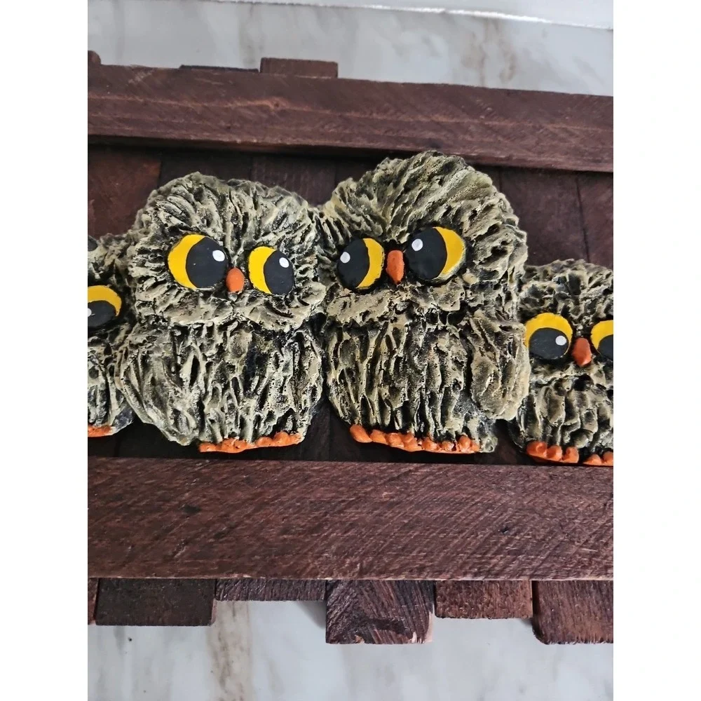 Vintage 3d Owl Hanging Wall Art Family Of Owls On Perch Handpainted 70s